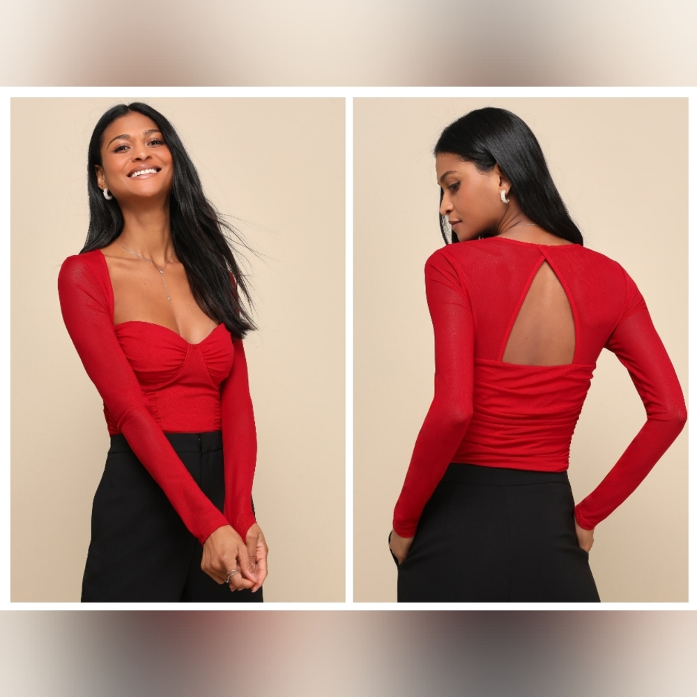 Lulus Coy Cutie Red Mesh Bustier Long Sleeve Crop Top, Size M